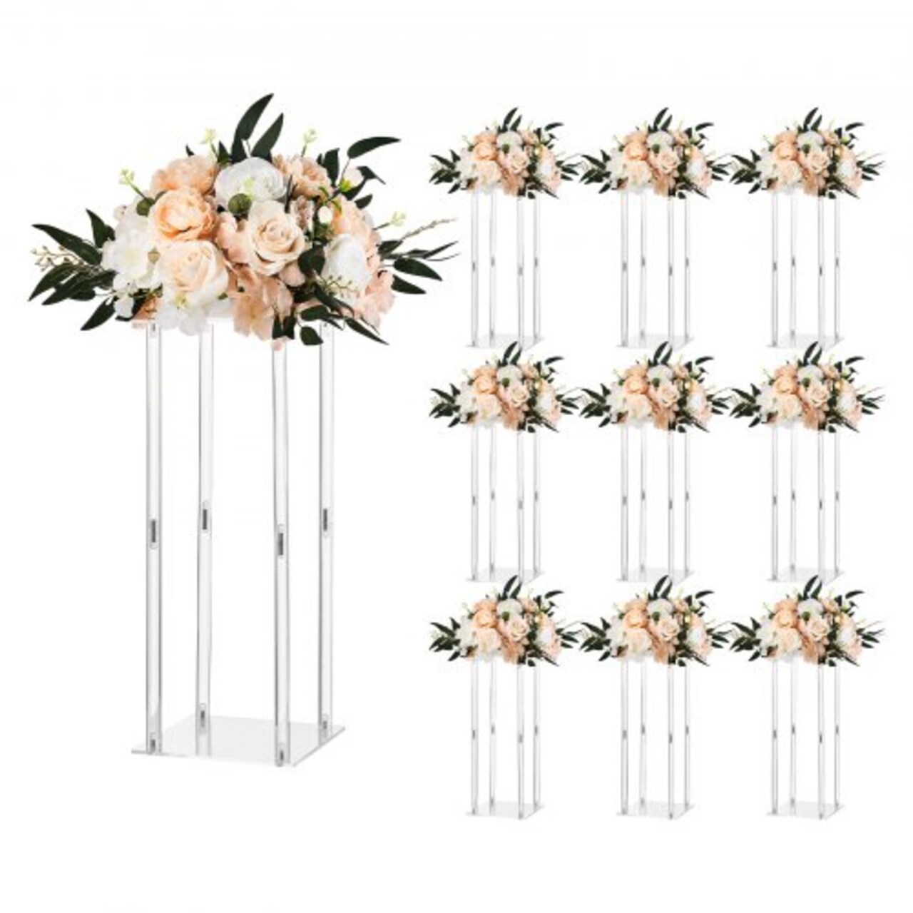 Clear Acrylic Round Cube Centerpiece Flower Stand, 10-Piece Event Decor